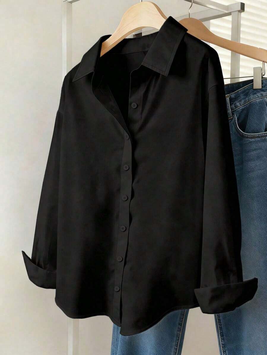 Camisa casual de mujer de un solo pecho de manga larga con hombros caídos y unicolor - Negro - Ver 1