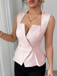 Blusa sin mangas con cuello plisado en forma de A para mujer, elegante y versátil, adecuada para ir al trabajo, vacaciones, citas, salidas, jardín, reuniones familiares, Día del Trabajo, días festivos, Día de la Independencia, vuelta al cole - Rosa - Ver 3