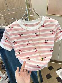 Camiseta de manga corta ajustada con estampado digital de frutas de moda y versátil para mujer, camiseta estampada con flores de cerezo, camiseta de cereza, camiseta de frutas - Rosa - Ver 5