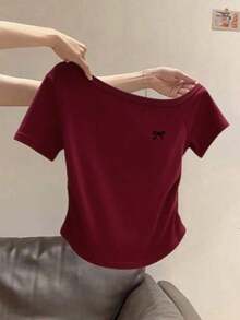 Camiseta casual de mujer con cuello asimétrico y decoración de cuentas, para verano - Rojo - Ver 8