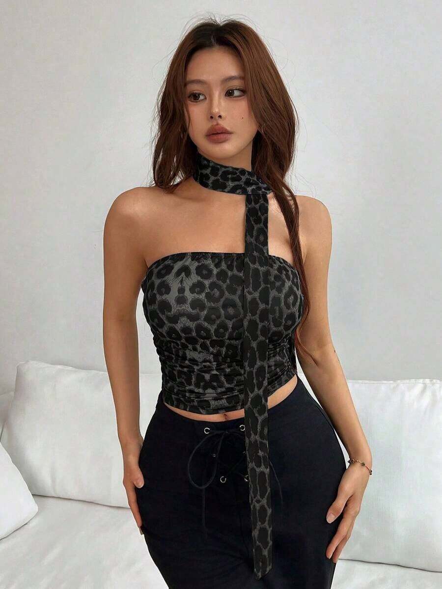 Top de bandeau fruncida con estampado de leopardo y bufanda - Gris - Ver 1