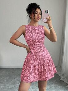 Vestido mini elegante de estilo bohemio con estampado floral, sin mangas y cintura ceñida para mujeres, conjunto de verano con acabado tejido al estilo francés para graduaciones, primavera/verano - Rosa - Ver 6