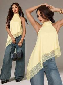 Blusa sin mangas elegante y formal con cuello halter asimétrico, adorno de encaje y hombros descubiertos para fiesta, cóctel, boda o salida nocturna en verano y otoño - Amarillo claro - Ver 8