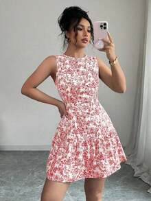 Vestido mini elegante de estilo bohemio con estampado floral, sin mangas y cintura ceñida para mujeres, conjunto de verano con acabado tejido al estilo francés para graduaciones, primavera/verano - Rojo - Ver 3