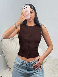Top corto casual y ajustado de unicolor con botones de mujer, para el verano - Marrón 2 - Ver 5