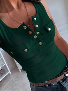 Chaleco ajustado casual de mujer con textura y decorado con botones de metal - Verde Oscuro - Ver 1