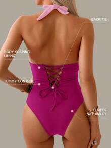 Traje de baño de una pieza con control de abdomen, estilo minimalista de unicolor, con escote halter y espalda descubierta, para vacaciones de verano en la playa - Multicolor 7 - Ver 2