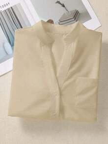 Camisa de mujer de unicolor con cuello en V y botones - Blusa casual y elegante de manga larga con detalle de bolsillo, adecuada para vacaciones, viajes y uso diario, artículo esencial para todas las estaciones, Primavera Blanco - Marrón - Ver 9