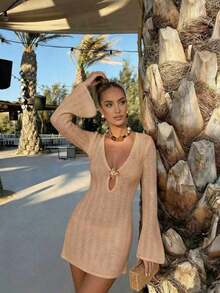 Vestido de manga larga de punto para mujer, estilo de vacaciones en la playa - Camello - Ver 6