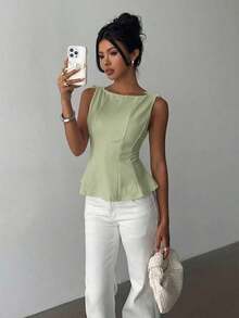 Blusa sin mangas elegante para ir al trabajo, diseño minimalista - Verde Oliva - Ver 6