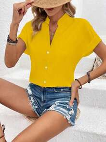 Blusa de manga corta de murciélago de unicolor para mujer, blusas de manga corta - Amarillo - Ver 4
