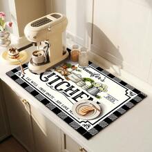 1pc Dish Drying Mat, Coffee Machine Pad, Black & White Checkered Border With Vintage Hand-Painted Floral Pattern, Suitable For Dining Table Absorbent Use, Multi-Purpose Drainage Mat, Home Gift, Tabletop Decor - XYLSD-320 - View 3