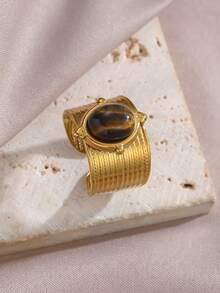 1pc 18K Gold Plated Stainless Steel Vintage Luxury Elegant Tiger Eye & Pearl Ring, Women's Fashion Accessory Suitable For Daily Wear, Parties, Gatherings, Festivals, Also As A Gift - Gold - View 7