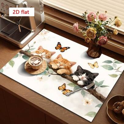 1pc Cute Cat & Butterfly Pattern Absorbent Drying Mat, Suitable For Dining Table And Cafe, Soft Natural Style Enhances Warmth, Multi-Purpose Drainage Mat, Home Gift, Desktop Decor