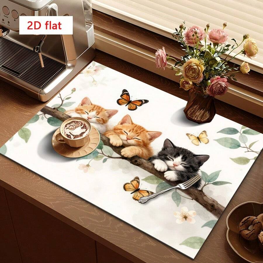 1pc Cute Cat & Butterfly Pattern Absorbent Drying Mat, Suitable For Dining Table And Cafe, Soft Natural Style Enhances Warmth, Multi-Purpose Drainage Mat, Home Gift, Desktop Decor