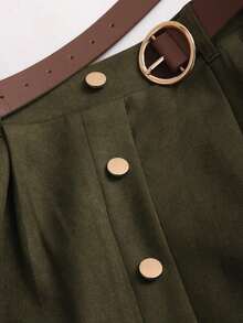 Sweetro Falda de ante marrón con diseño de solapa única, otoño/invierno - Verde militar - Ver 5