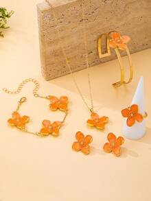 1 Set Fashionable & Sweet Floral Series Jewelry Set Including Necklace/Bracelet/Bangle/Ring/Earrings, Unique Handpainted Enamel Flower Petals, Suitable For Women's Daily Wear And Parties - Four Cornus Set - View 6