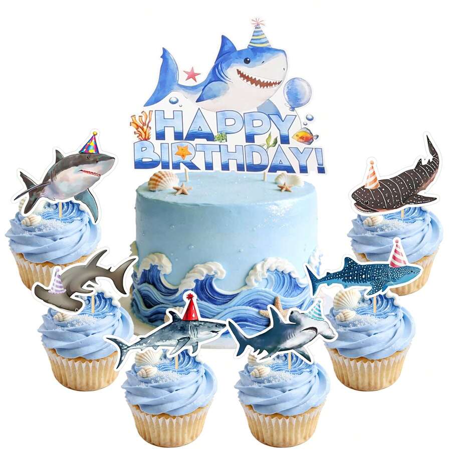 13件海洋鲨鱼蛋糕装饰,鲨鱼纸杯蛋糕插牌,海底主题生日派对装饰,完美适用于鲨鱼主题生日派对、海洋主题生日派对、海底主题生日派对、夏季泳池派对和性别揭晓派对,为甜点增添趣味和节日气氛。只需将这些海洋动物蛋糕装饰放在蛋糕、纸杯蛋糕或甜点上,即可瞬间提升您的夏季海滩主题生日装饰。 - 多色 - 查看 1