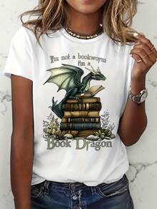 Camiseta "No soy un gusano de libros soy un dragón del libro" de las mujeres - libro e impresión del dragón casual cuello redondo tee, regalo del amante del libro adecuado para, biblioteca, trajes de libro, ropa de verano lavable a la máquina para los lectores - Blanco - Ver 2