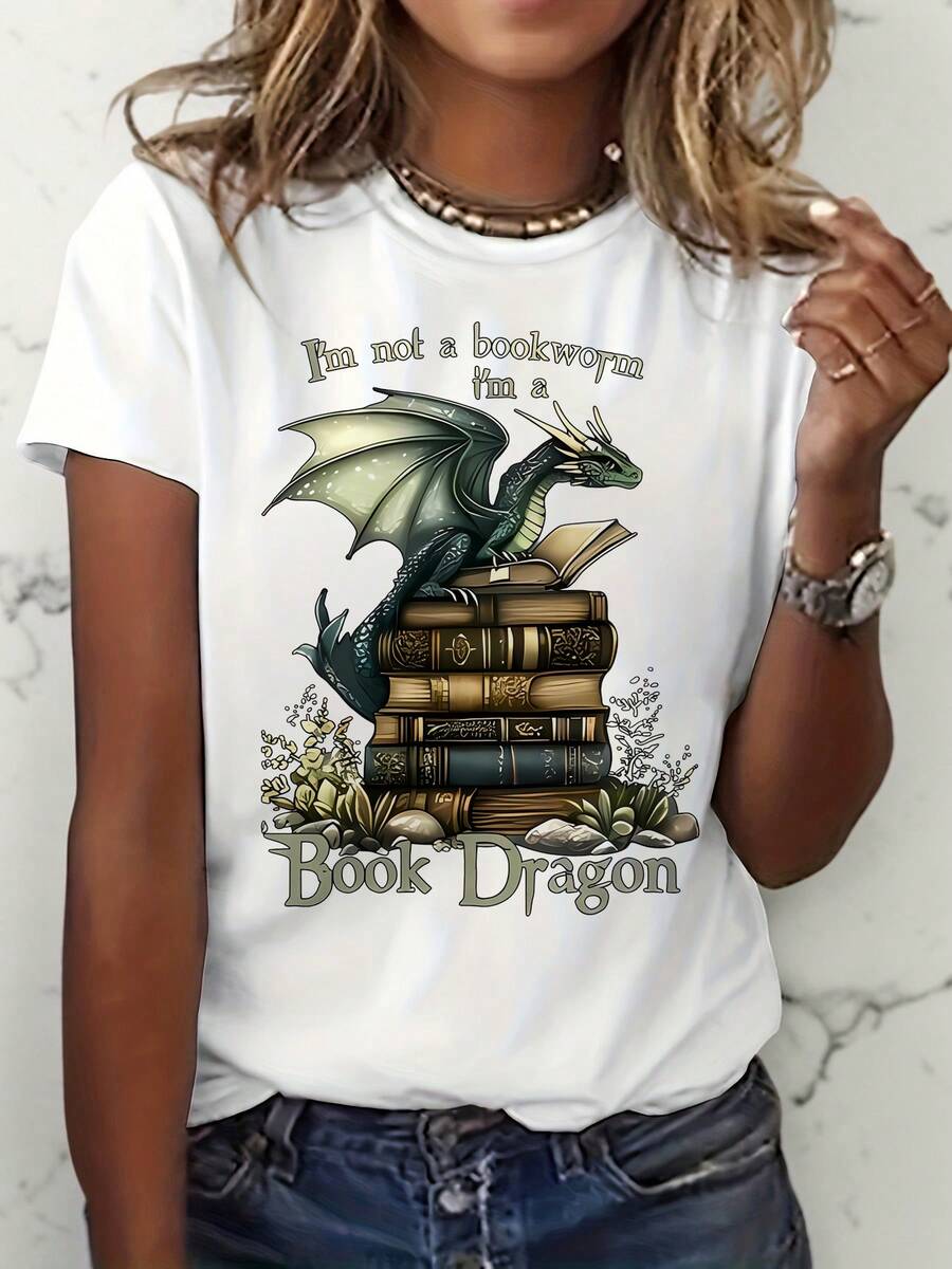 Camiseta "No soy un gusano de libros soy un dragón del libro" de las mujeres - libro e impresión del dragón casual cuello redondo tee, regalo del amante del libro adecuado para, biblioteca, trajes de libro, ropa de verano lavable a la máquina para los lectores