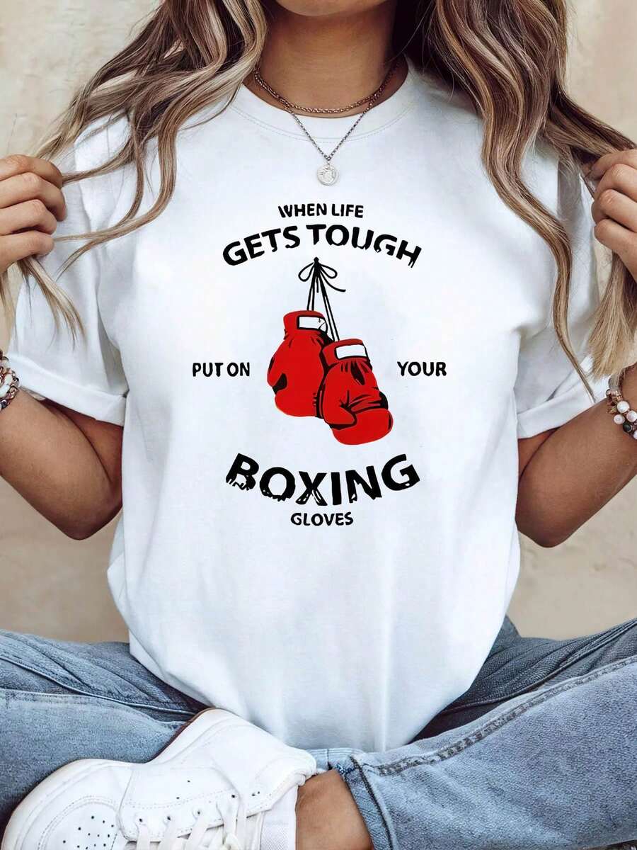 Camiseta con tema de guantes de boxeo de las mujeres | Red & White Inspirational Cool Daily Casual Top con patrón de dibujos animados