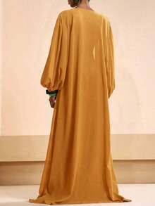 Conjunto de bata plisada de unicolor y pantalones de pierna ancha para mujer, conjunto informal de vestir para vacaciones - Amarillo - Ver 3