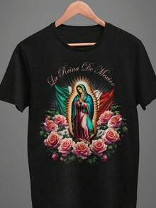 Camiseta Virgen de Guadalupe con iconografía religiosa mexicana de Nuestra Señora de Guadalupe e inscripción en español. Tejido de alto gramaje 220 g/m², unisex, cuello redondo, para hombre y mujer. Camiseta casual suave y transpirable con cuello redondo para fiestas temáticas y atuendos informales. Para todas las estaciones. Camiseta de manga corta. - Negro - Ver 4