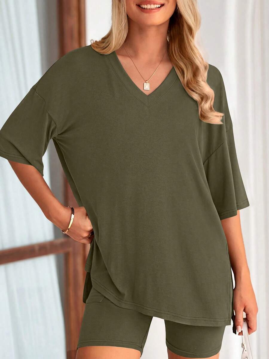 PRETTYGARDEN Women's Summer Clothes 2 Piece Sets Lounge Set Casual Oversized Shirts Biker Shorts Matching Airport Travel Sweatsuit Set Women Vacation Outfit Summer Brunch Outfits For Women - 淺軍綠 - 查看 1