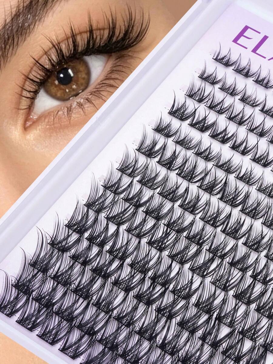 ELAE Premium Individual Lash Clusters, DIY Eyelash Extensions At Home, 3D Fluffy Volume Fox Eye Cat Eye Faux Mink Fake Lashes, D Curl 8-14mm Mixed Length, Soft Band, Reusable Dramatic Salon Quality - Tóc bồng bềnh (8-14mm) - Xem 1