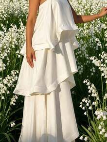 Elegante vestido de mujer para vacaciones de primavera/verano: maxivestido casual de tirantes en satén, de capas múltiples. - Burdeos - Ver 2