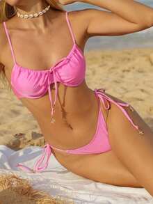 Conjunto de bikini para mujer con top de tirantes con aros y sujetador push-up con estampado digital y Bottom con lazos laterales, para primavera/verano - Rosa - Ver 4