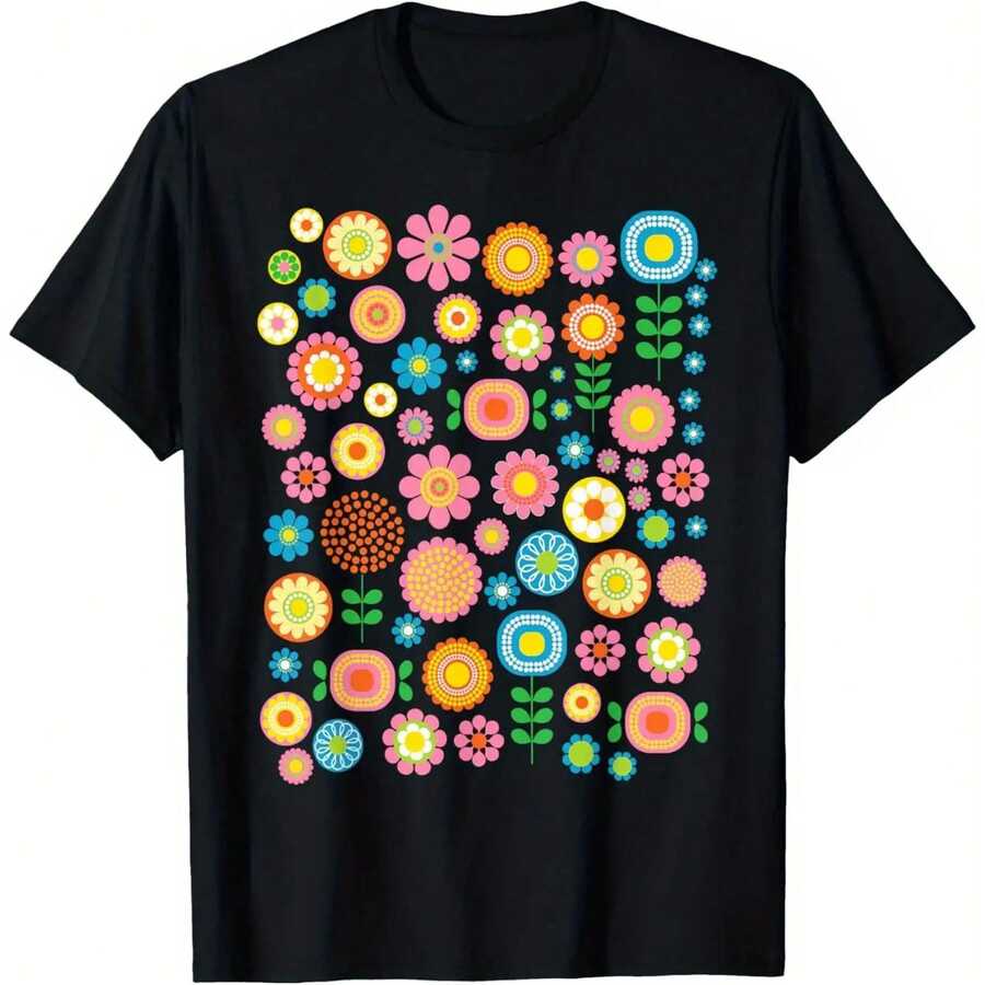 Vintage Scandinavian Shirt Fclothes - Clothes Shirt With Multicolclothes Flowers, Shclothest Sleeve Regular Fit Fclothes Daily Use And Special Occasions - Nclothesdic Retro Clotheshine Washable Clothes - 黑色 - 查看 1