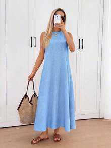 Vestido midi holgado sin mangas con espalda plisada, bajo irregular, silueta en A, tela de crepé texturizada, uso casual, relajado y elegante para la oficina/vacaciones para mujeres, primavera/verano - Azul - Ver 3