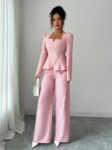 Pantalones rectos sueltos y fluidos, esenciales para Acción de Gracias y Halloween, de diseño elegante con hebilla y superposición delantera, de tela de bambú, para uso profesional y casual como uniforme de maestro - Rosa - Ver 8