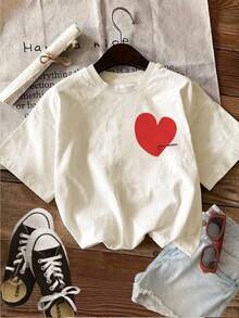 [Impresión a Doble Cara] Camiseta de Mujer para Primavera/Verano, Casual y a la Moda, con Estampado de Corazón Rojo Pintado a Mano, Cuello Redondo, Manga Corta, 100% Algodón - Albaricoque - Ver 3