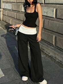 Women's Summer Low Waist Wide Leg Casual Pants, Black & White Waistband Design, Suitable For Daily Wear, Office, Party, Back To School, Halloween - Black - View 1