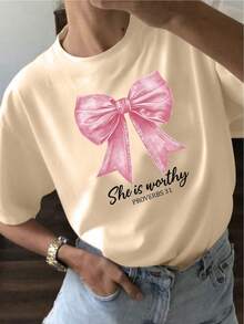 Women's Casual Summer T-Shirt With A Round Neck, Fitted Silhouette, And Short Sleeves, Featuring An Oil Painting Print With Floral, Heart, Cherry, And Lettering Designs. Simple, Casual Fabric With A Sporty Style, Perfect For Everyday Wear And A Valentine's Day Date. - 卡其色 - 查看 6