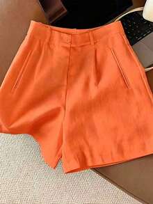 casuales blancos de talle alto y holgados para mujer, shorts anchos estilizadores - Naranja Rojizo - Ver 7