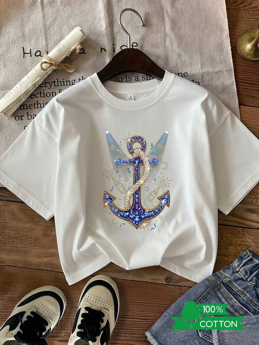 Women's Round Neck T-Shirt With Anime Letter Print, Simple Design, Comfortable And Breathable, Ideal For Casual And Versatile Daily Wear, Showcasing A Natural And Elegant Style, A Must-Have For Summer Parties. - 白色 - 查看 1