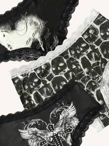 ROMWE Goth 3pcs/Set Dark Punk Style Women's Briefs With Wing, Cross, Skull Prints, Lace Patchwork, Fashionable & Comfortable - Black and White - View 4