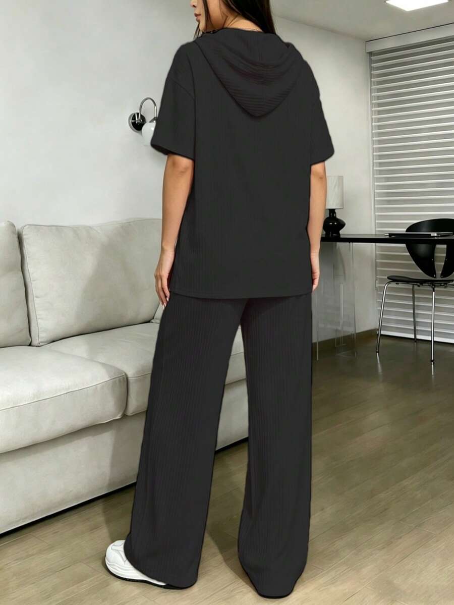 Conjunto De Top Corto De Manga Larga Y Pantalón Para Mujer Con Diseño De Bloques De Color - Negro - Ver 1