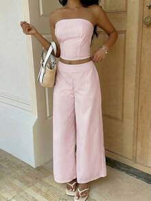 Conjunto de top bandeau a rayas amarillas y pantalones de cintura alta para mujer, ajustado, de moda y versátil para la calle, vacaciones, primavera/verano - Rosa - Ver 4