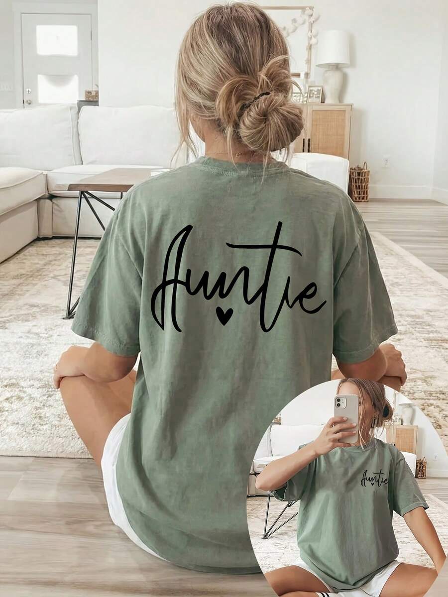Women's T-Shirt With Double-Sided Front/Back Print - Short Sleeve, Round Neck, Casual Style, Suitable For Casual Wear, Machine Washable, With "Auntie" And Heart Print, Non-Blouse Style For Layering Or Wearing As A Top, 100% Cotton - 橄欖綠 - 查看 1