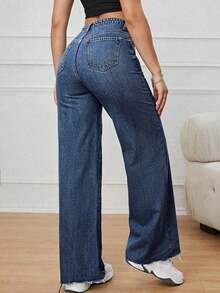Pantalones Largos De Mezclilla De Cintura Alta Cruzada Para Mujer - Azul lavado oscuro 2 - Ver 2