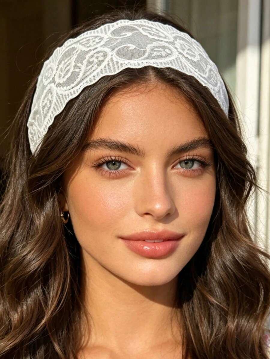 1 pieza Diadema ancha con flor de encaje, diadema de encaje de alta elasticidad, accesorio para atuendo de primavera/verano, color malva - Multicolor - Ver 1