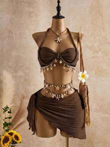 Conjunto de tankini de mujer con tirantes finos, patrón de onda beige con decoración de concha marina y estrella, para primavera/verano/otoño, conjunto de ropa de vacaciones para mujer, traje de baño de bikini con cobertura, conjunto de ropa de v - Café integral - Ver 1