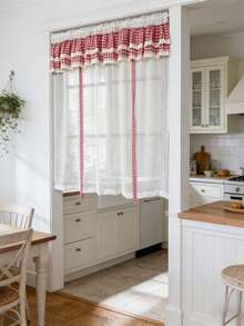 1 pieza Cortina con lazo estilo granja de lino - Elegante cenefa de doble capa con cuadros, ribete de encaje a ganchillo, diseño de persiana romana con lazo, para todas las estaciones, cortina velo transparente con lazo estilo francés para decoración de ventanas en sala de estar, cocina, baño, boda y fiesta - Beis - Ver 9