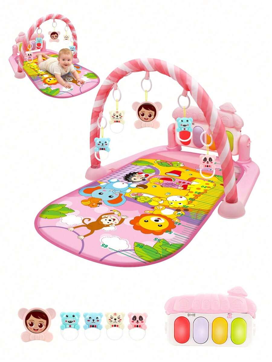Juguete de gimnasio musical para bebé, tapete de actividades para bebés, con teclado musical y colgantes de dibujos animados, juguete electrónico musical para estimulación temprana y entrenamiento de agarre, ligero y transpirable, ideal para recién nacidos y niños pequeños para jugar en casa, perfecto como regalo de cumpleaños para niños y niñas. - Rosa - Ver 1
