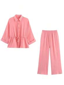Conjunto de 2 piezas para mujer, unicolor, blusa casual holgada con cuello vuelto y cordón, manga 7/8 + pantalones de pierna ancha con cintura elástica, para verano - Rosa - Ver 5