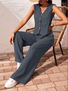 Frenchy Set de 2 piezas para mujer de top sin mangas y pantalones de estilo casual con un solo botón, para verano - Niebla azul - Ver 6